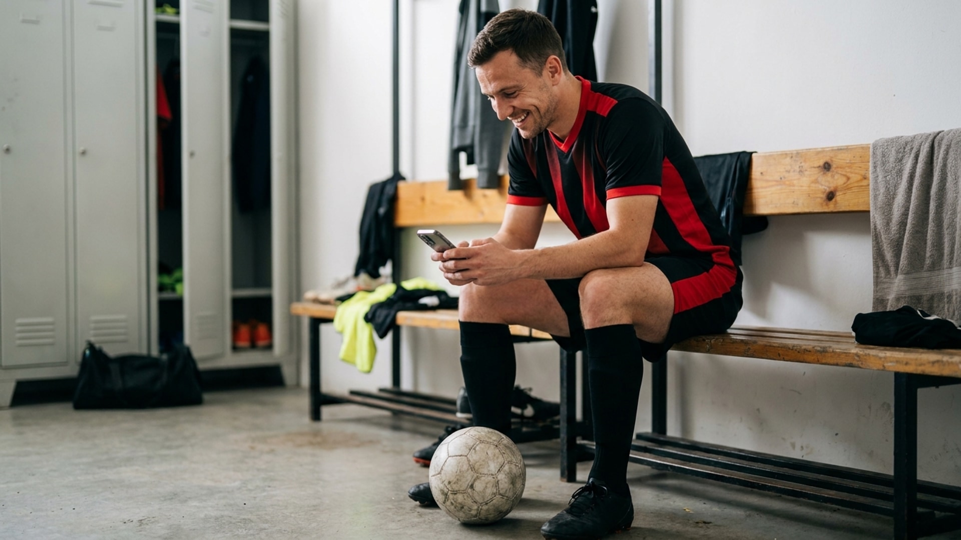 Atleta no vestiário recebendo notificação no celular